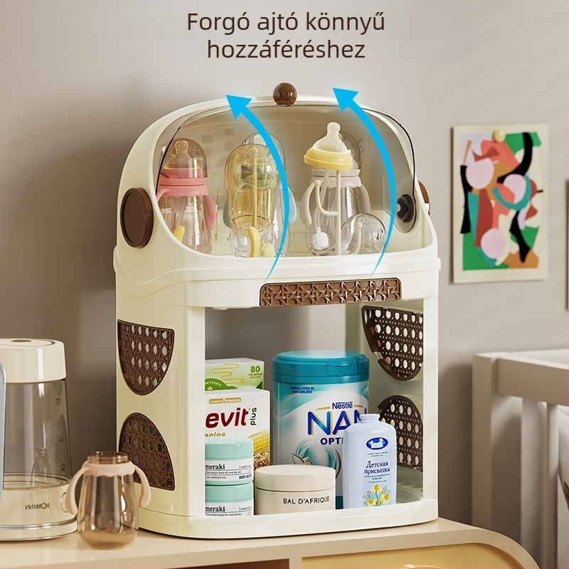 Kétszintes asztali tároló cumisüvegekhez és evőeszközökhöz — műanyag, porálló, csepegtető funkcióval, nagy kapacitás