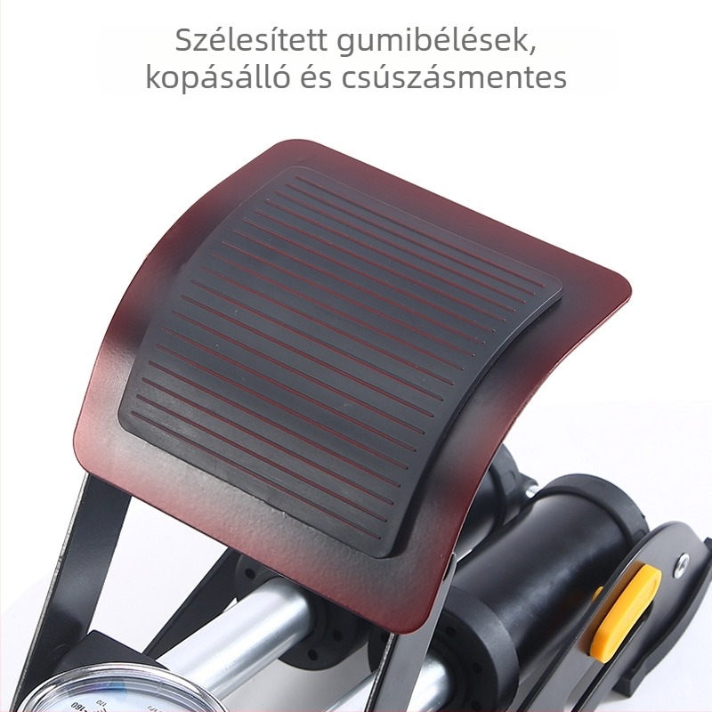 Lábpedálos kettős hengeres magasnyomású pumpa kerékpárokhoz – modell Xf005, vasból készült test, max. 160 psi, tartozékok: többfunkciós labdanyomó tű