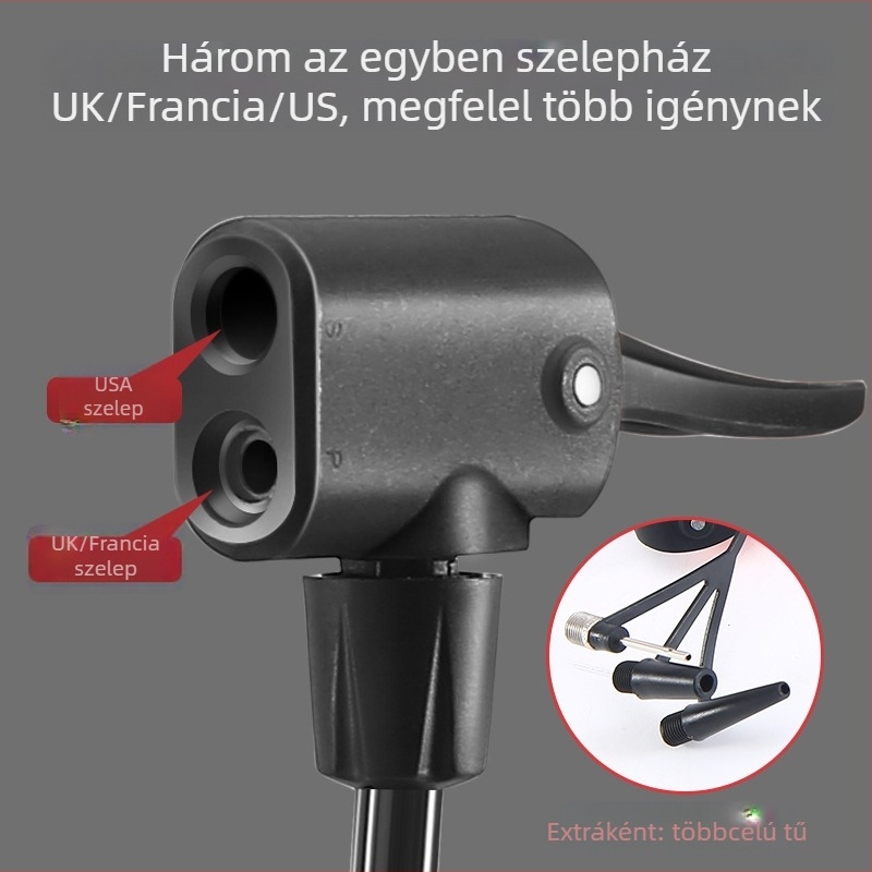 Lábpedálos kettős hengeres magasnyomású pumpa kerékpárokhoz – modell Xf005, vasból készült test, max. 160 psi, tartozékok: többfunkciós labdanyomó tű
