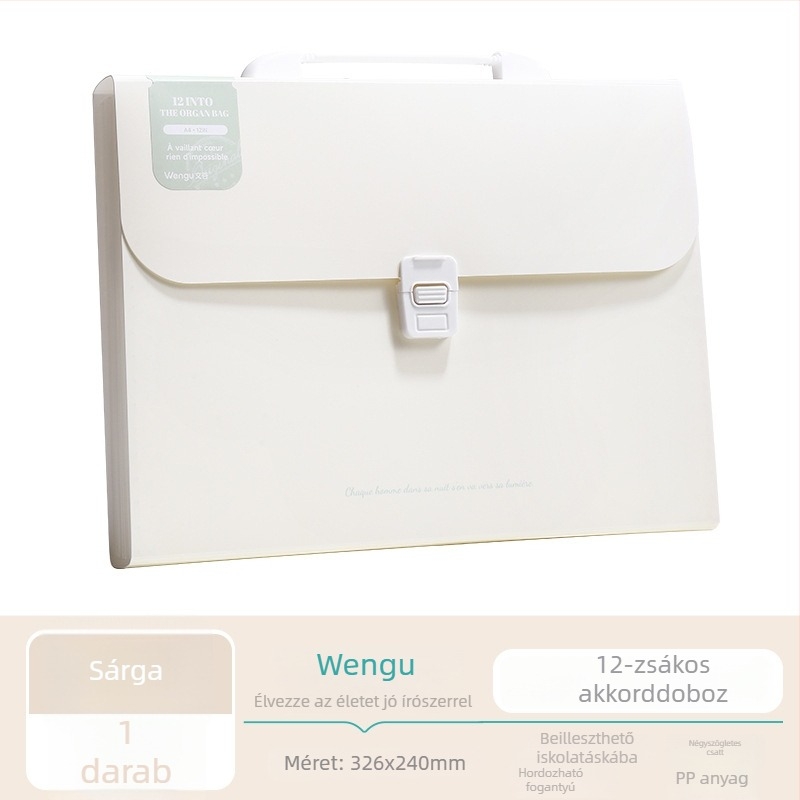 Wengu hordozható akordeon irattartó, 12 rekesz, több rétegű, PP anyag, 0,6 mm vastagság