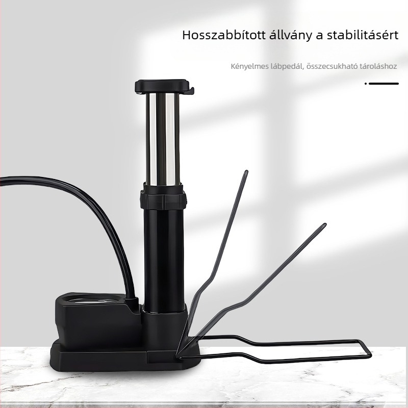 Pedálos légtartó pumpa autókhoz és kerékpárokhoz — vas test, maximális nyomás 160 psi, hossz 295 mm, tömeg 1.8 kg, modell QT