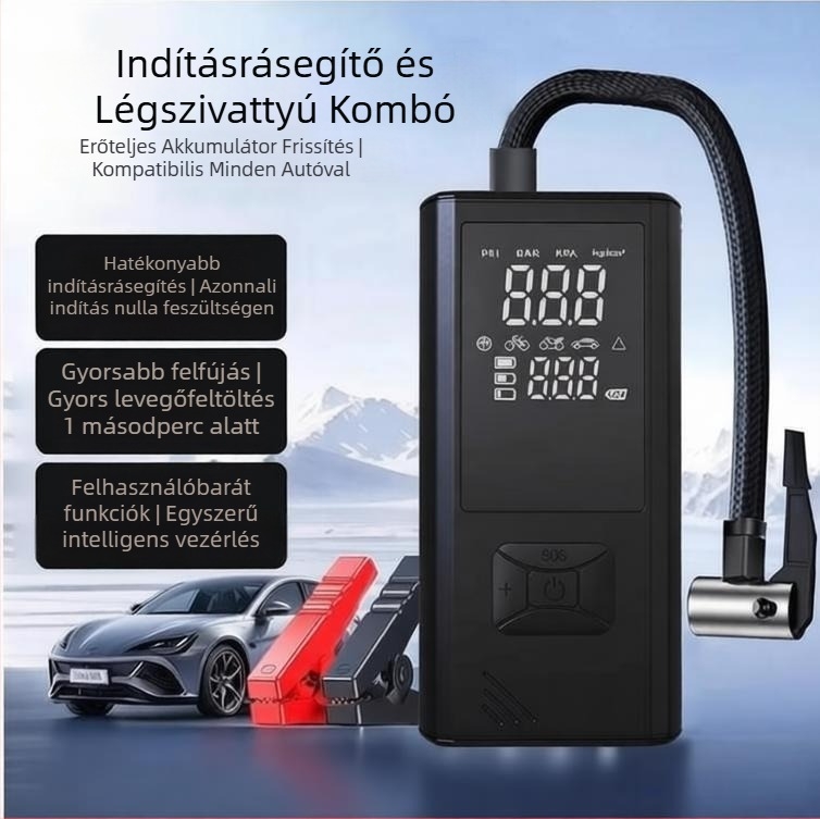 Hordozható, vezeték nélküli autógumi inflátor LED világítással, digitális kijelzővel és gumiabroncsnyomás-mérővel, USB táplálású