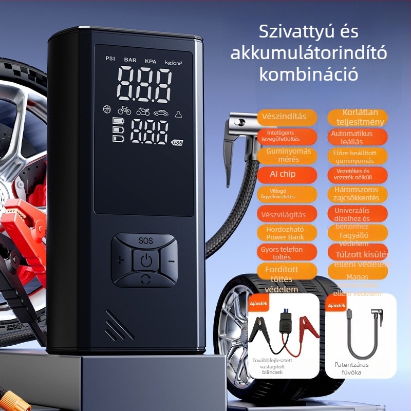 Hordozható, vezeték nélküli autógumi inflátor LED világítással, digitális kijelzővel és gumiabroncsnyomás-mérővel, USB táplálású