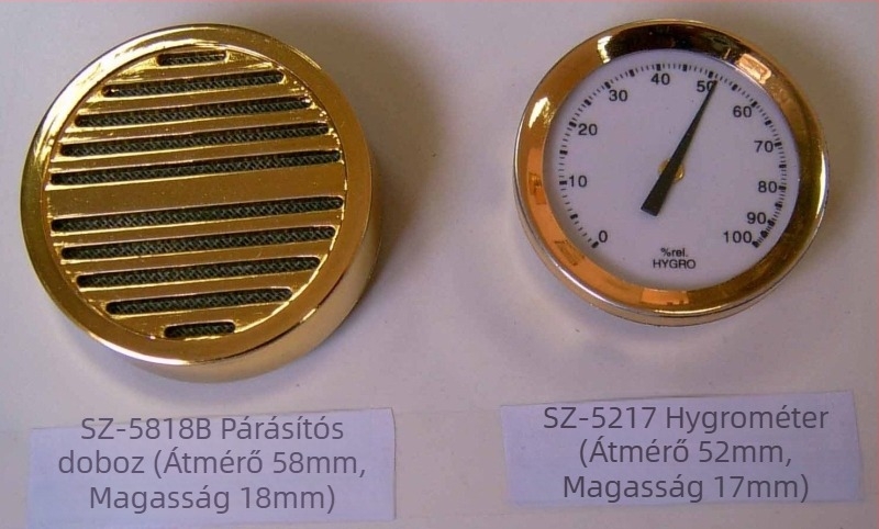 Szivarhigrométer és párásító műanyag házban, egyszerű kialakítás, hőmérséklet-pontosság ±1°C