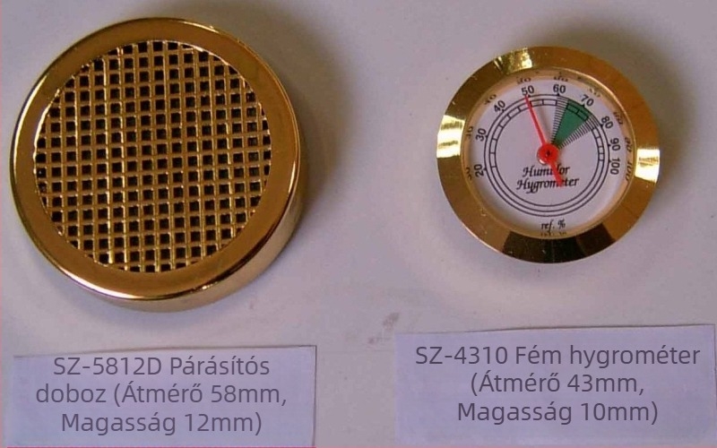Szivarhigrométer és párásító műanyag házban, egyszerű kialakítás, hőmérséklet-pontosság ±1°C