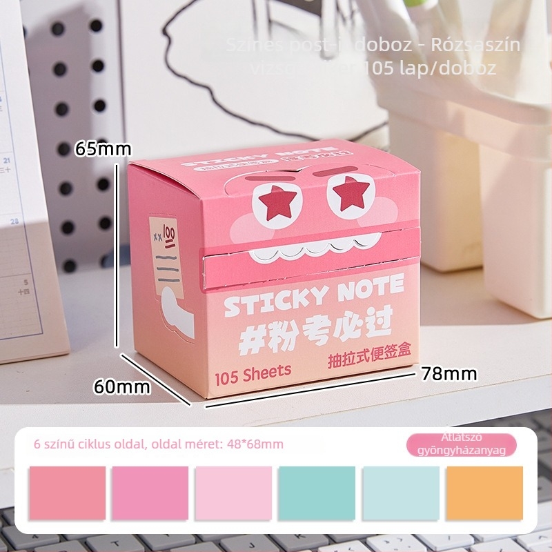 Színes húzható jegyzetek dobozban, írható papírlapokkal, 105 lap, a mesterképzés felvételi vizsgájának kulcspontjainak kiemelésére