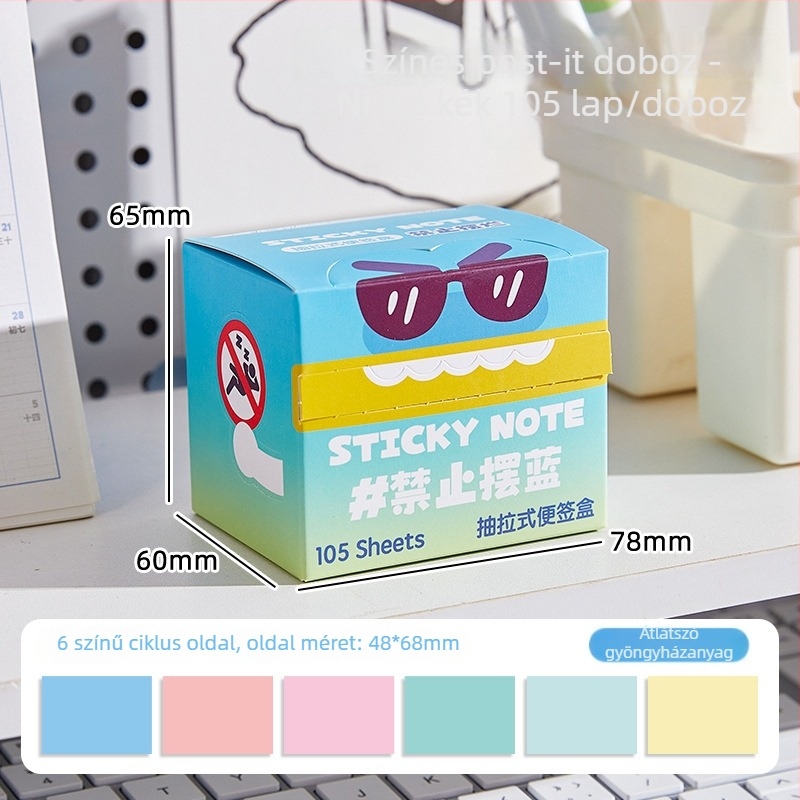 Színes húzható jegyzetek dobozban, írható papírlapokkal, 105 lap, a mesterképzés felvételi vizsgájának kulcspontjainak kiemelésére
