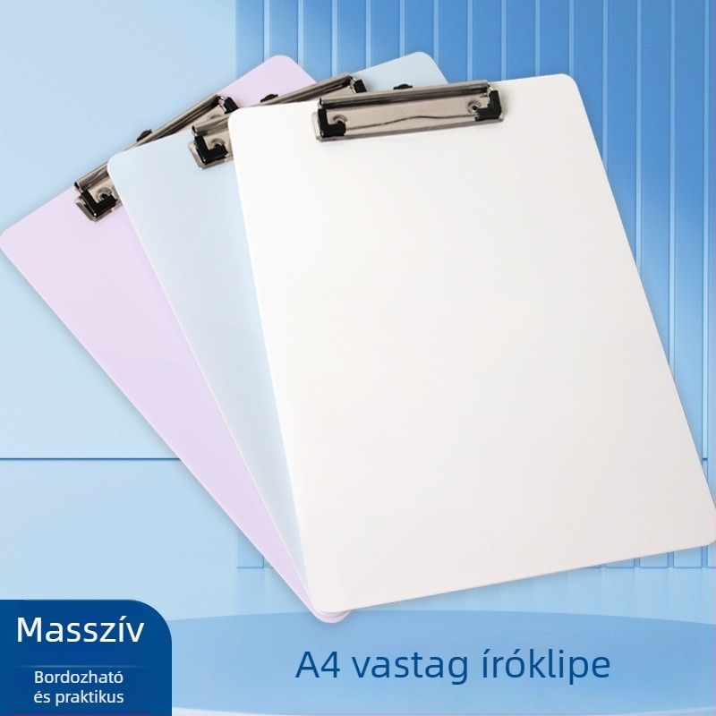 A4-es klipboard PS lemezzel és egy erős, egyes típusú klippel — műanyag; klip mérete 2,5×9,5 cm; lemez vastagsága 2 mm; illeszkedik A4/A5 papírokhoz