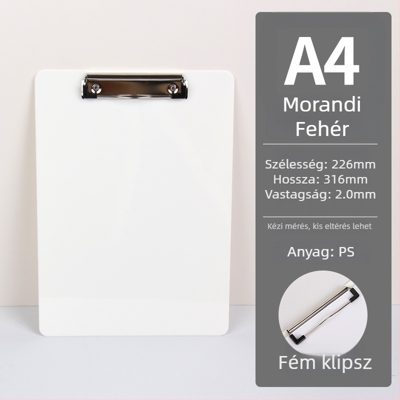 A4-es klipboard PS lemezzel és egy erős, egyes típusú klippel — műanyag; klip mérete 2,5×9,5 cm; lemez vastagsága 2 mm; illeszkedik A4/A5 papírokhoz