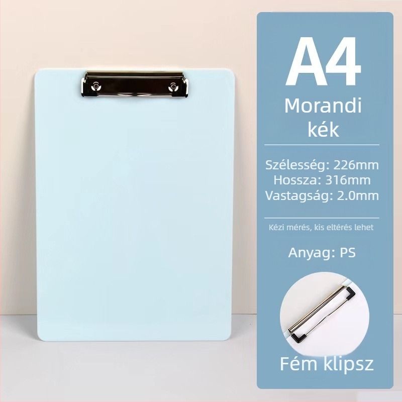 A4-es klipboard PS lemezzel és egy erős, egyes típusú klippel — műanyag; klip mérete 2,5×9,5 cm; lemez vastagsága 2 mm; illeszkedik A4/A5 papírokhoz
