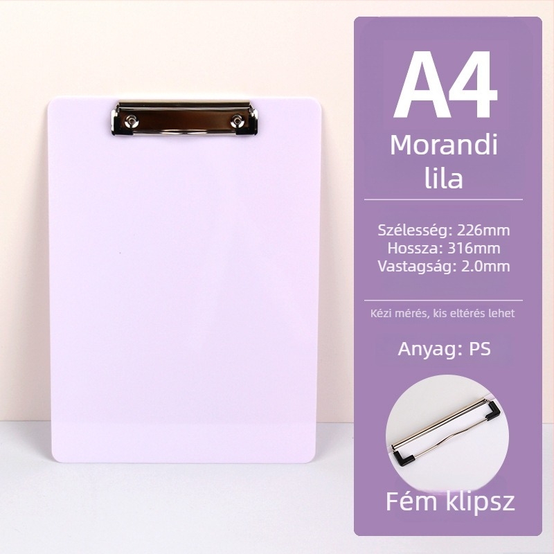 A4-es klipboard PS lemezzel és egy erős, egyes típusú klippel — műanyag; klip mérete 2,5×9,5 cm; lemez vastagsága 2 mm; illeszkedik A4/A5 papírokhoz
