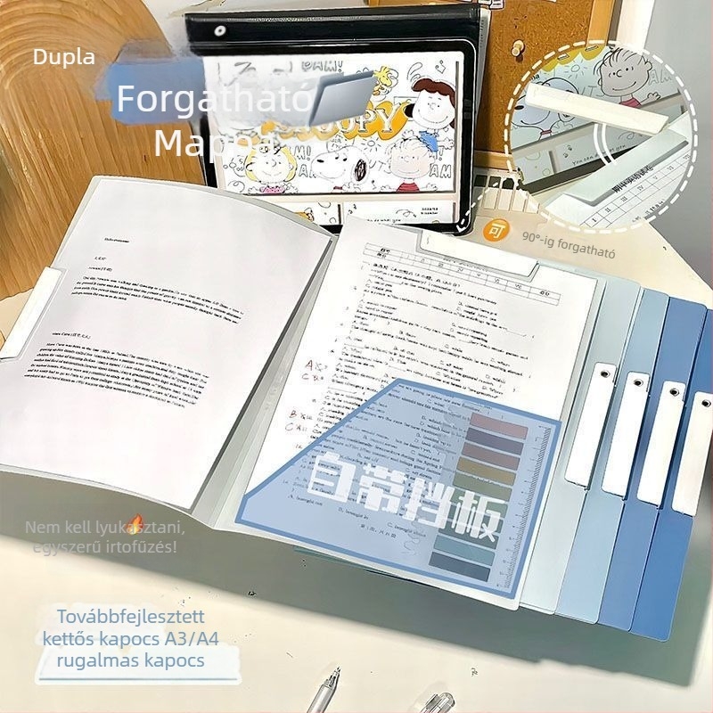 A3/A4-es méretű, kétforgó karos L- alakú klipszes mappa diákvizsga lapok tárolására, vastagított, kényelmes