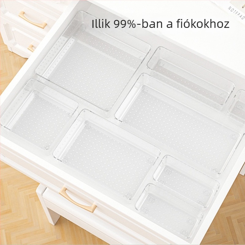 Fiókba épített, téglalap alakú átlátszó tároló doboz – PET műanyag, modell 3910, fedél nélkül, kozmetikumok és irodai kellékek rendezésére
