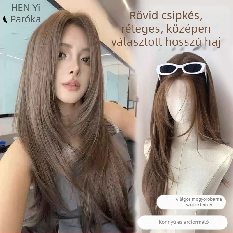 Homlokon csipkével ellátott paróka, rétegzett hosszú haj gesztenyeszürke árnyalatban, teljes sapka, középső elválasztás, természetes megjelenés, kézzel szőtt