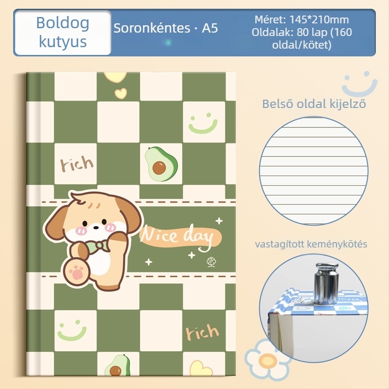 Kockás mintás notesz, vezeték nélküli kötés, kemény borító, 70 g/m² papír, 50–100 oldal