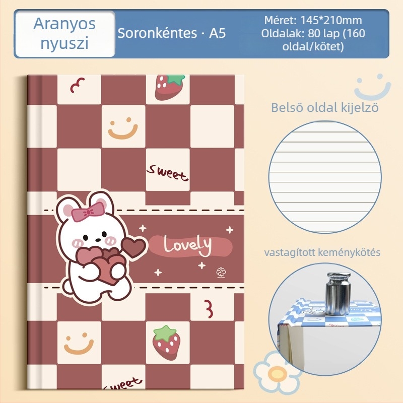 Kockás mintás notesz, vezeték nélküli kötés, kemény borító, 70 g/m² papír, 50–100 oldal