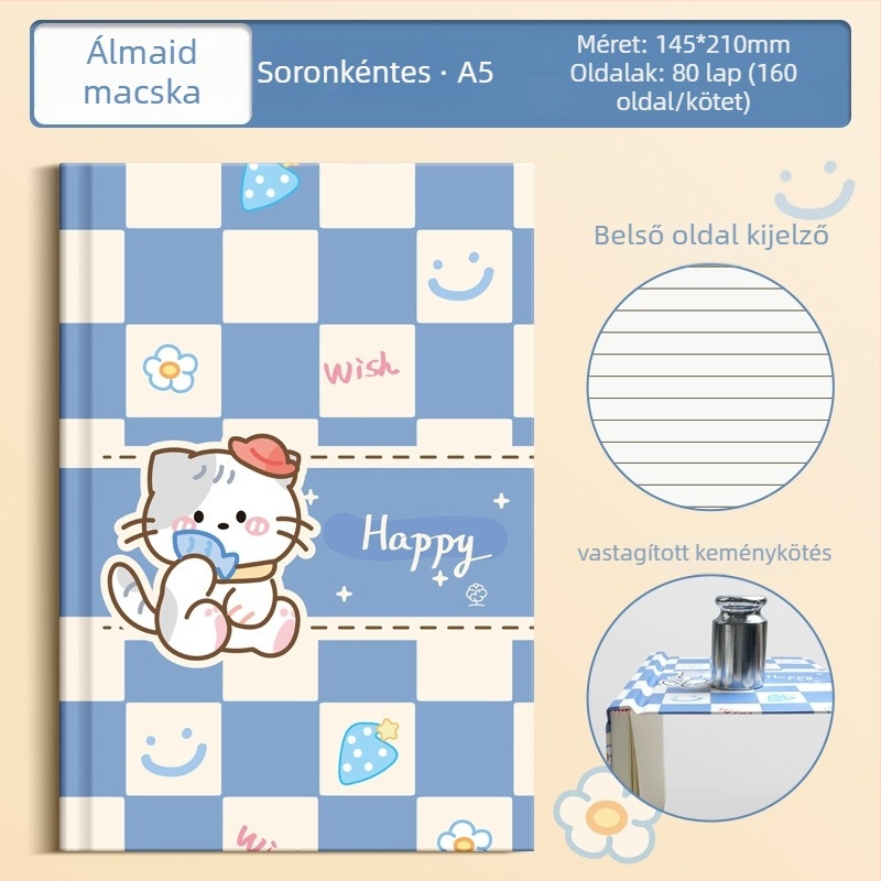 Kockás mintás notesz, vezeték nélküli kötés, kemény borító, 70 g/m² papír, 50–100 oldal