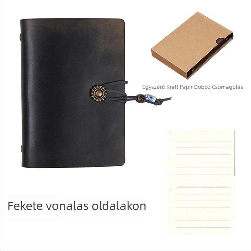 Napló valódi bőr borítóval, loose-leaf kötés, Dowling papír, 80 oldal, retro nosztalgikus stílus.