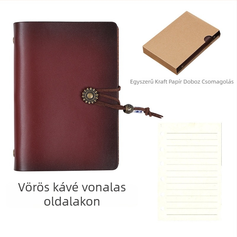 Napló valódi bőr borítóval, loose-leaf kötés, Dowling papír, 80 oldal, retro nosztalgikus stílus.