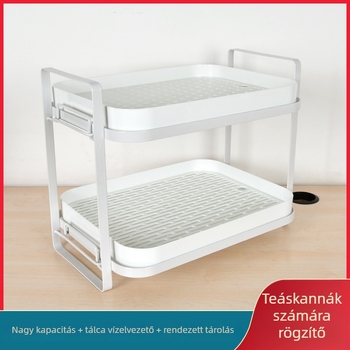 Kétszintes teáscsésze és teáskanna tároló lecsöpögtető tálcával – szénacél, szerelés nélkül, modern letisztult stílus, Zhihe