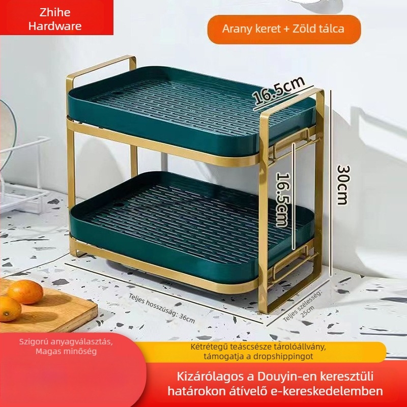 Kétszintes teáscsésze és teáskanna tároló lecsöpögtető tálcával – szénacél, szerelés nélkül, modern letisztult stílus, Zhihe