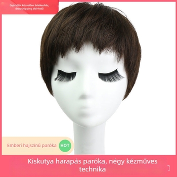 Női paróka, rövid egyenes haj, valódi emberi haj, teljes fejfedés, dog-gnaw bangs