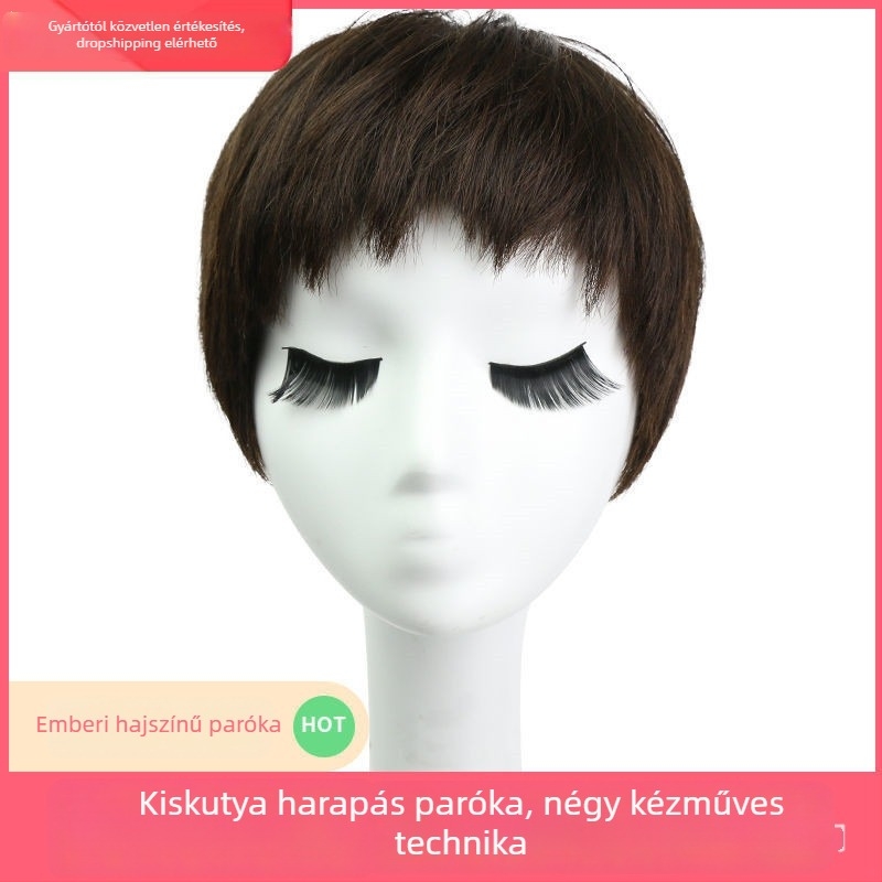 Női paróka, rövid egyenes haj, valódi emberi haj, teljes fejfedés, dog-gnaw bangs