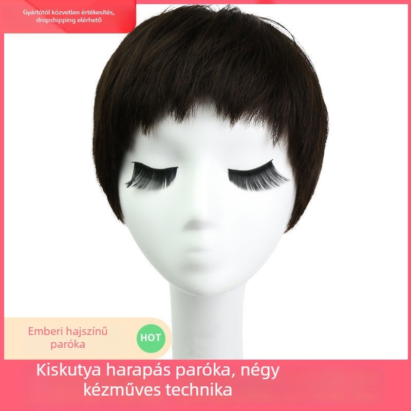 Női paróka, rövid egyenes haj, valódi emberi haj, teljes fejfedés, dog-gnaw bangs