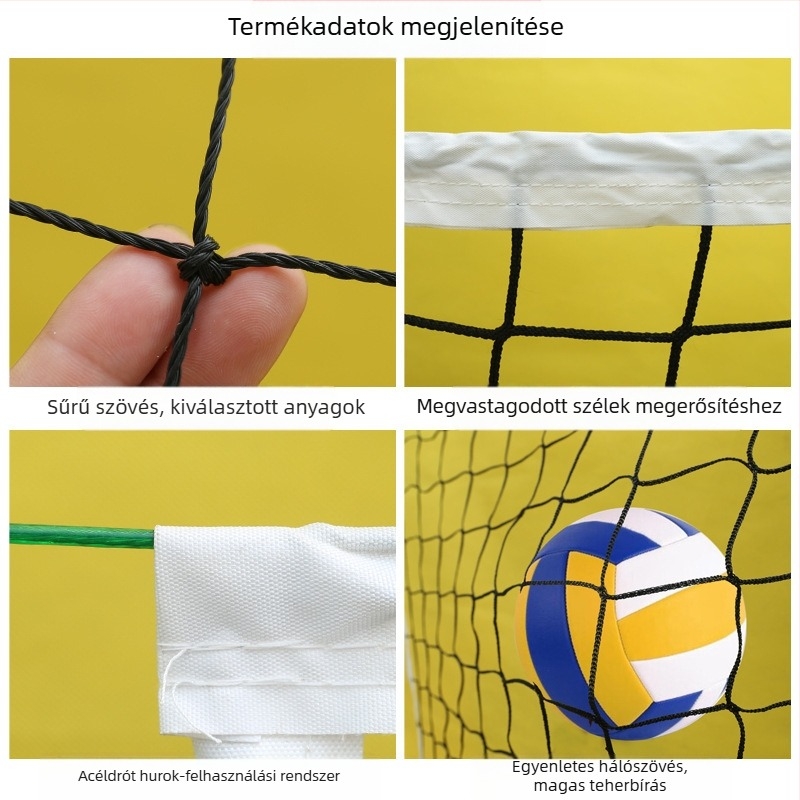 Röplabda háló – polietilénből, strand- és standard versenyhez, csomózott háló, négyszögletes szegély, acéldrót