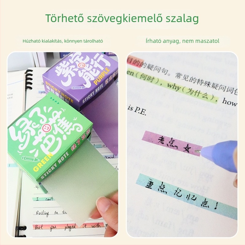 Átlátszó fluoreszcens ragasztós jegyzetek kihúzható indexjelzőkkel és diákok hibáira vonatkozó matricákkal — Márka: Advantages Bear; Ragasztó: Peel-and-stick; Belső oldalak hossza: 8400 mm; IP engedély: Nem