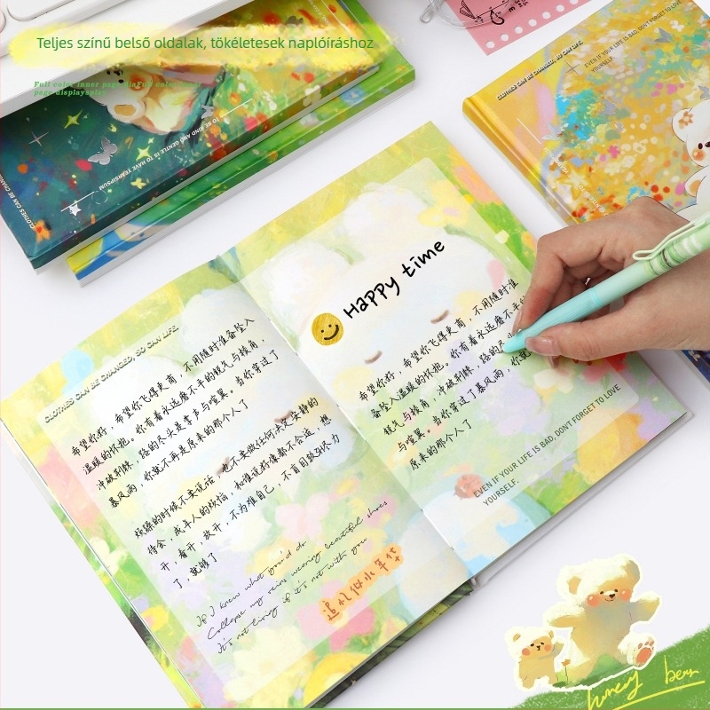A5-ös notesz kemény kötésű, színes oldalakkal, aranyos stílusú, teljes színvilágú, kreatív irodai kellék