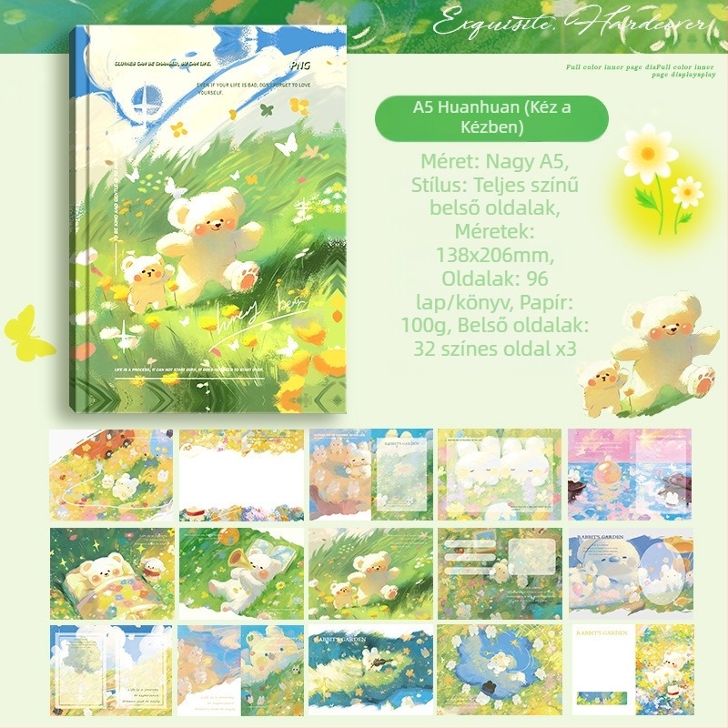 A5-ös notesz kemény kötésű, színes oldalakkal, aranyos stílusú, teljes színvilágú, kreatív irodai kellék