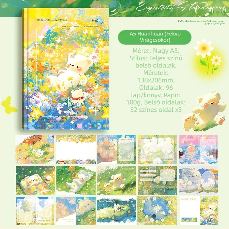 A5-ös notesz kemény kötésű, színes oldalakkal, aranyos stílusú, teljes színvilágú, kreatív irodai kellék