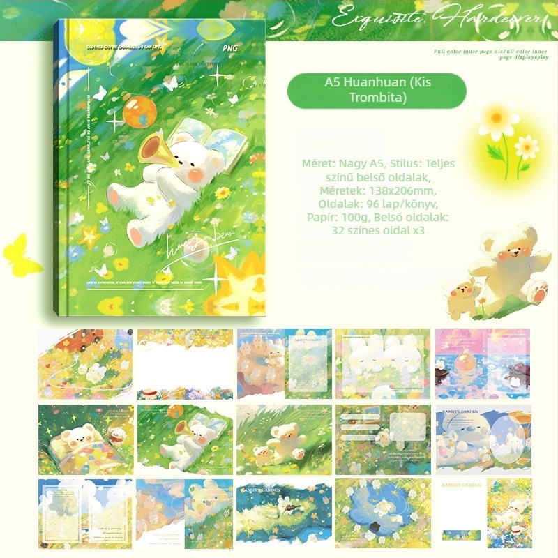 A5-ös notesz kemény kötésű, színes oldalakkal, aranyos stílusú, teljes színvilágú, kreatív irodai kellék