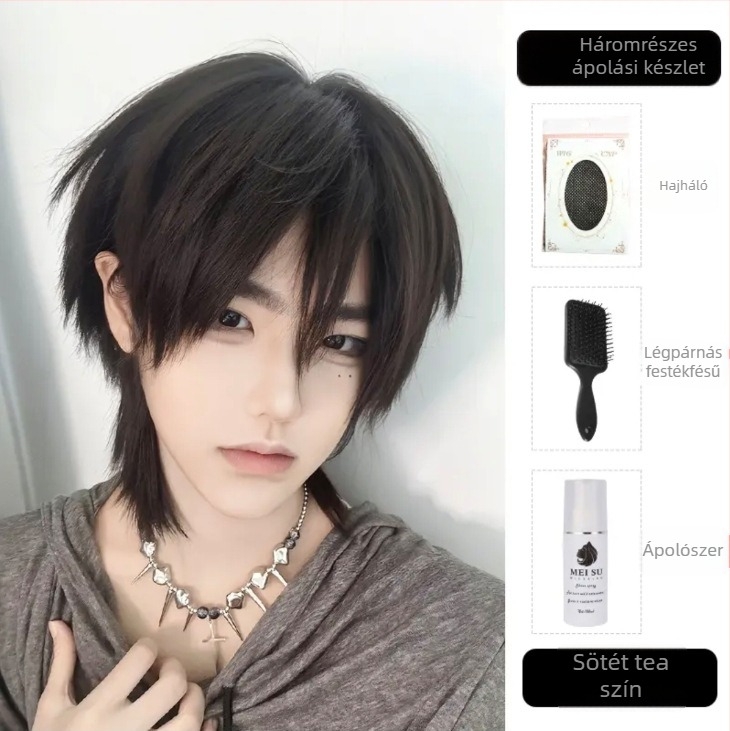Férfi paróka - mullet-stílusú farkasfarok, japán rövid, egyenes rétegzett fazon, teljes fejfedés, modell Mgb-525, matt hőálló rostok