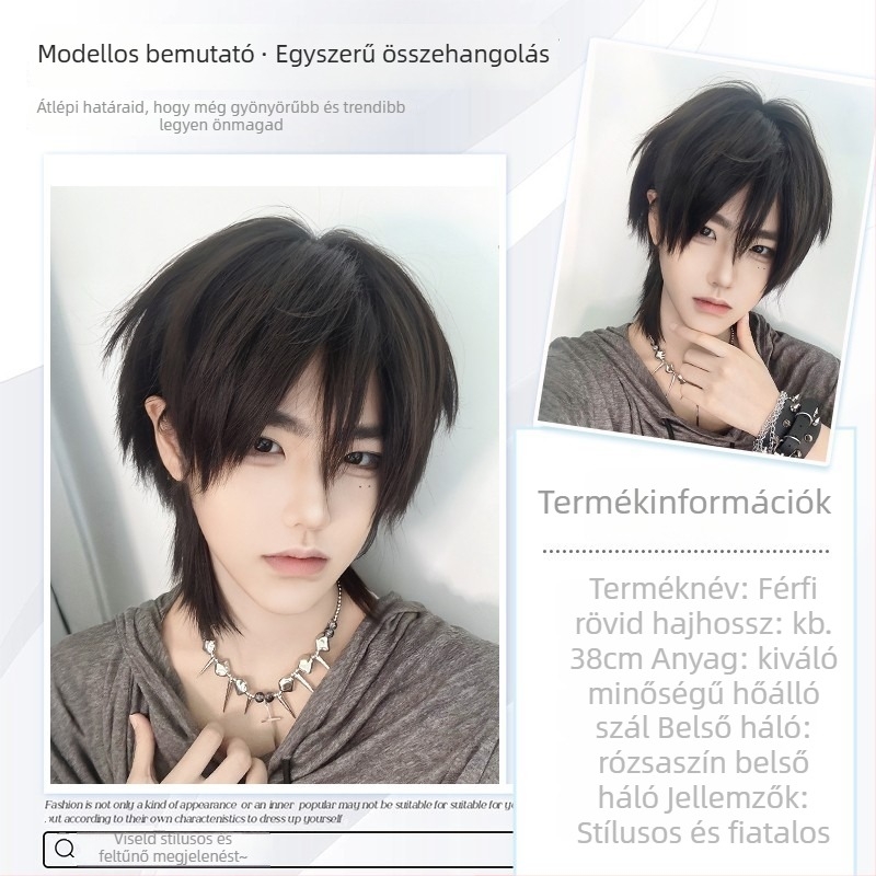 Férfi paróka - mullet-stílusú farkasfarok, japán rövid, egyenes rétegzett fazon, teljes fejfedés, modell Mgb-525, matt hőálló rostok