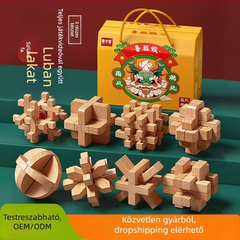 Fából készült Kongming- és Luban zárkészlet színes dobozban — bükkfa, mortise-and-tenon konstrukció, finom motoros készségek fejlesztése