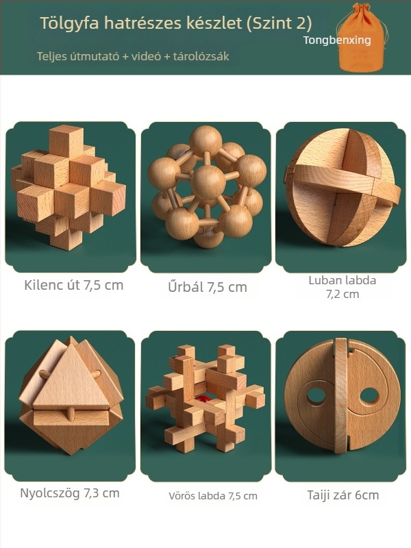 Fából készült Kongming- és Luban zárkészlet színes dobozban — bükkfa, mortise-and-tenon konstrukció, finom motoros készségek fejlesztése