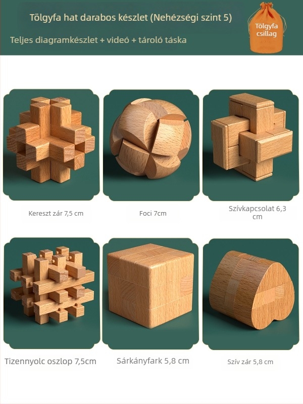 Fából készült Kongming- és Luban zárkészlet színes dobozban — bükkfa, mortise-and-tenon konstrukció, finom motoros készségek fejlesztése