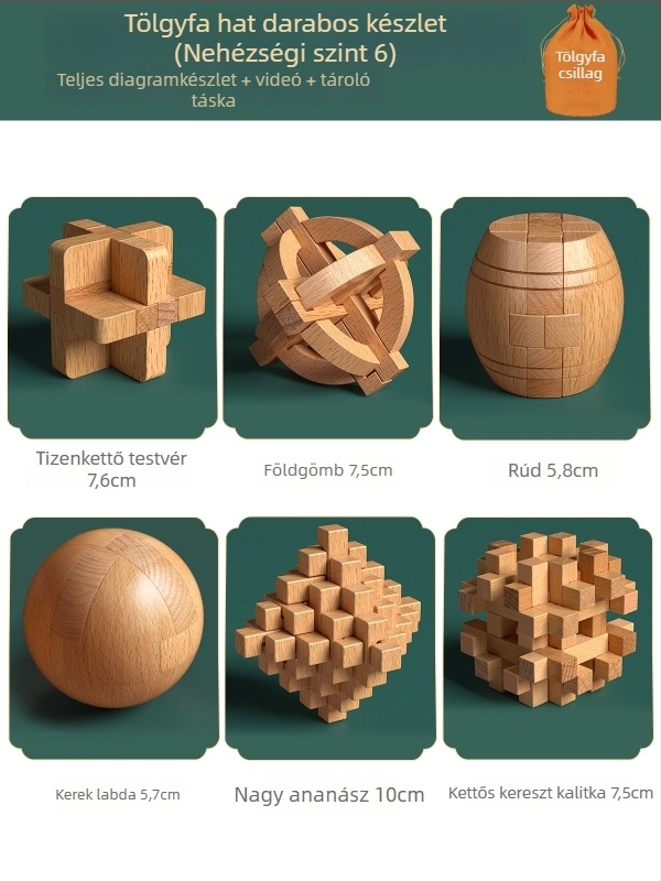 Fából készült Kongming- és Luban zárkészlet színes dobozban — bükkfa, mortise-and-tenon konstrukció, finom motoros készségek fejlesztése