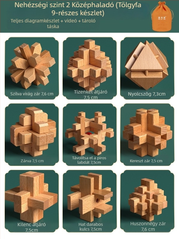 Fából készült Kongming- és Luban zárkészlet színes dobozban — bükkfa, mortise-and-tenon konstrukció, finom motoros készségek fejlesztése