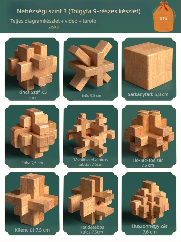 Fából készült Kongming- és Luban zárkészlet színes dobozban — bükkfa, mortise-and-tenon konstrukció, finom motoros készségek fejlesztése