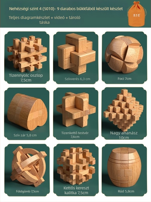 Fából készült Kongming- és Luban zárkészlet színes dobozban — bükkfa, mortise-and-tenon konstrukció, finom motoros készségek fejlesztése