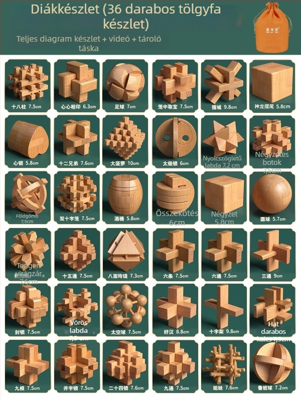 Fából készült Kongming- és Luban zárkészlet színes dobozban — bükkfa, mortise-and-tenon konstrukció, finom motoros készségek fejlesztése