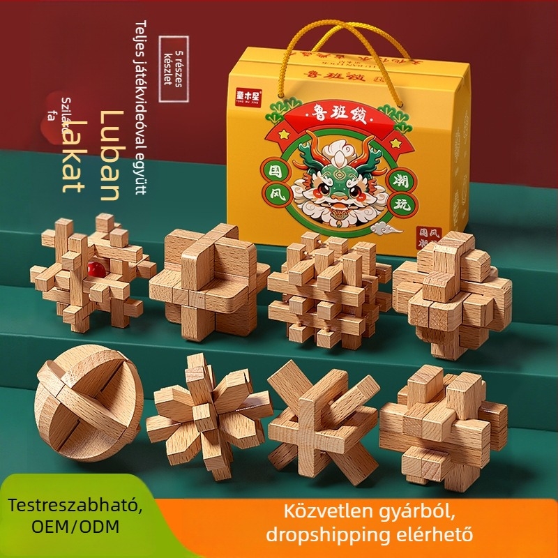 Fából készült Kongming- és Luban zárkészlet színes dobozban — bükkfa, mortise-and-tenon konstrukció, finom motoros készségek fejlesztése