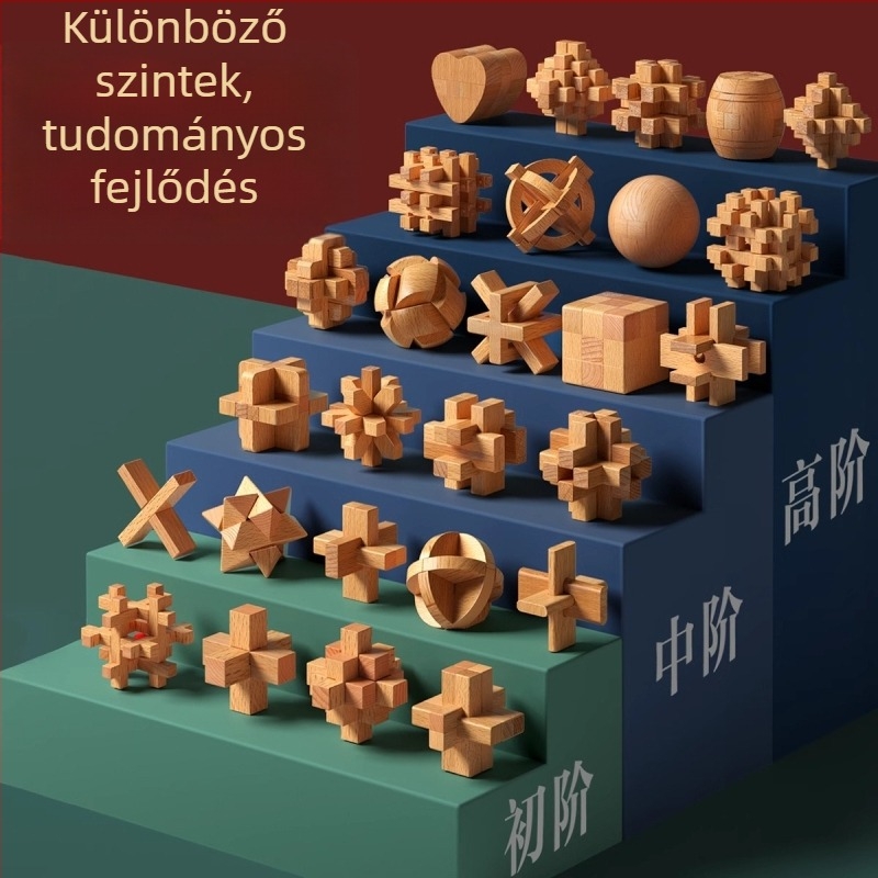 Fából készült Kongming- és Luban zárkészlet színes dobozban — bükkfa, mortise-and-tenon konstrukció, finom motoros készségek fejlesztése