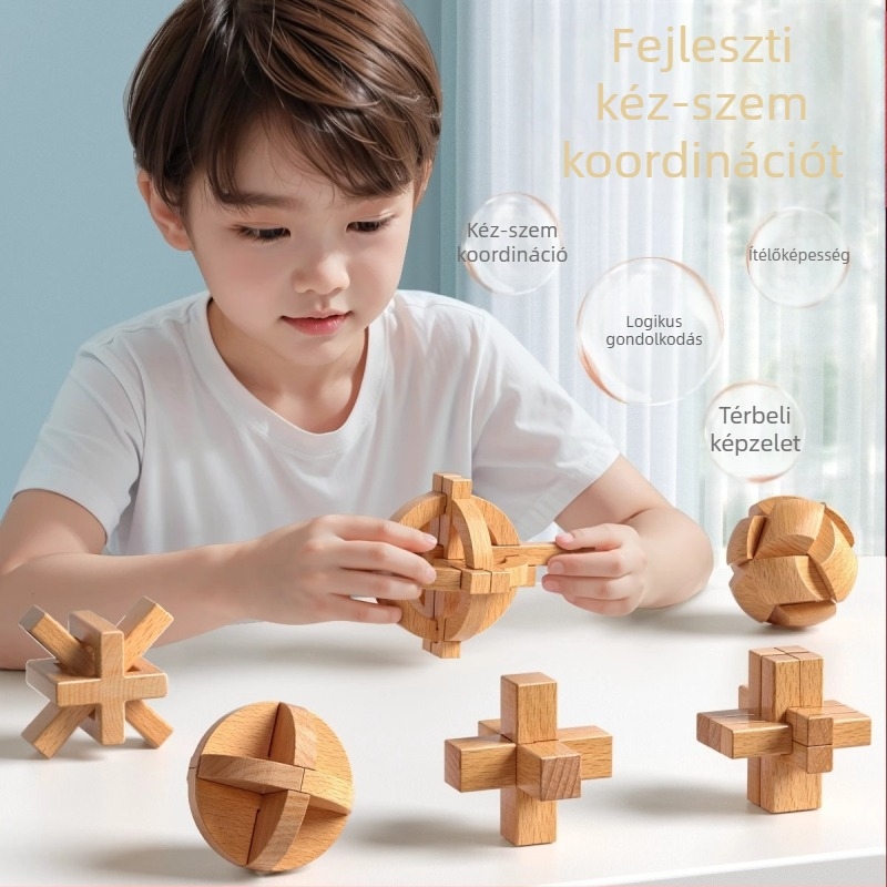 Fából készült Kongming- és Luban zárkészlet színes dobozban — bükkfa, mortise-and-tenon konstrukció, finom motoros készségek fejlesztése