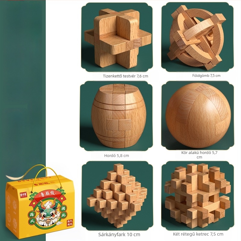 Fából készült Kongming- és Luban zárkészlet színes dobozban — bükkfa, mortise-and-tenon konstrukció, finom motoros készségek fejlesztése