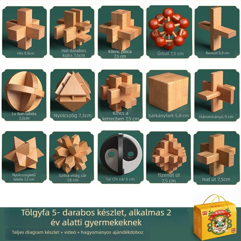 Fából készült Kongming- és Luban zárkészlet színes dobozban — bükkfa, mortise-and-tenon konstrukció, finom motoros készségek fejlesztése