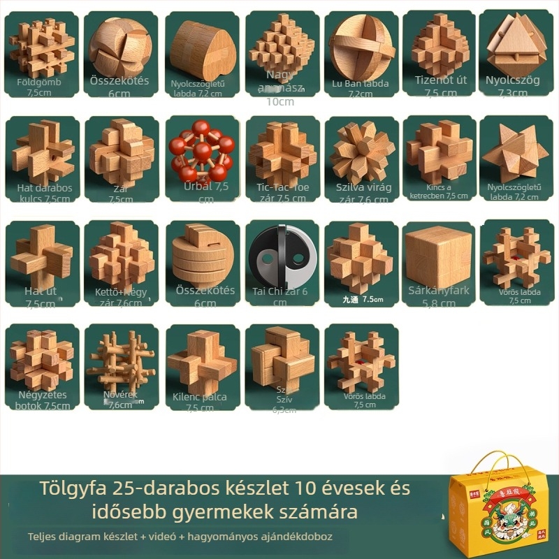 Fából készült Kongming- és Luban zárkészlet színes dobozban — bükkfa, mortise-and-tenon konstrukció, finom motoros készségek fejlesztése